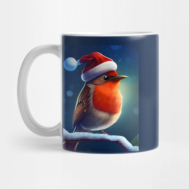 Christmas Robin Bird with a Santa Hat Sits on a Snowy Branch by KOTOdesign